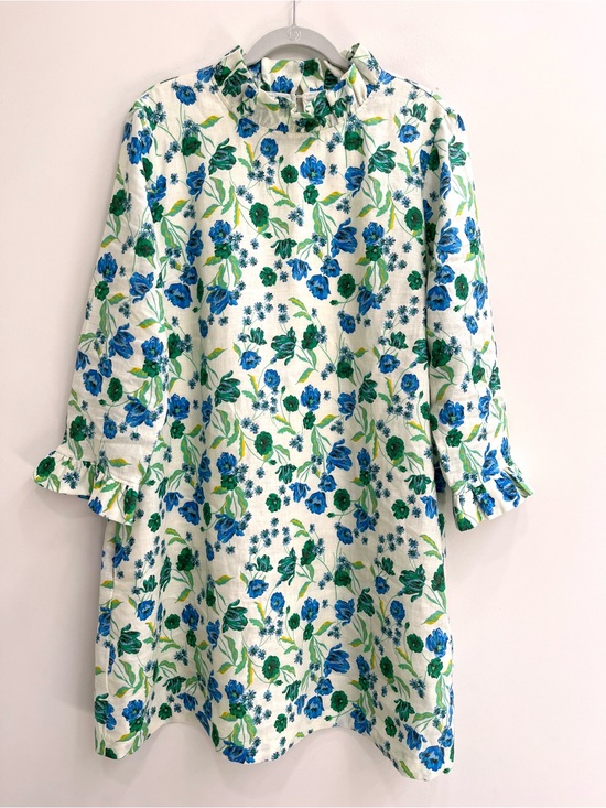 Draper James Dresses & Skirts - Draper James Blue Green Floral Linen Shift Dress High Neck Ruffle Collar Size XL
